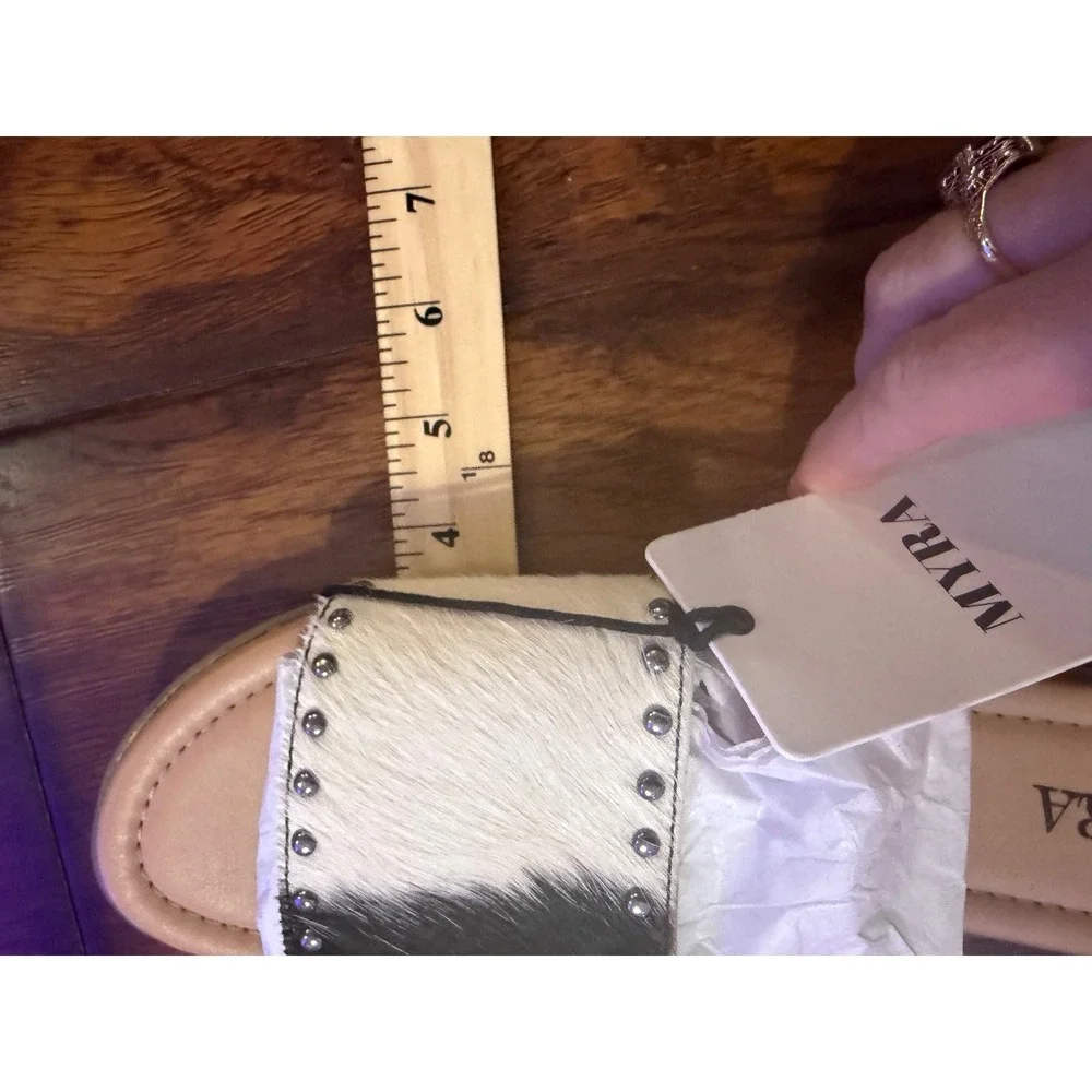 Myra Lettie Ridge Dark Hide Hair-On Leather Slide Sandals Size 9 NWT Cowhide